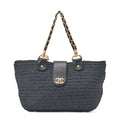 CHANEL Coco Mark Raffia x Leather Chain Tote Bag Turnlock Black Gold-Tone Hardware, Pre-Owned