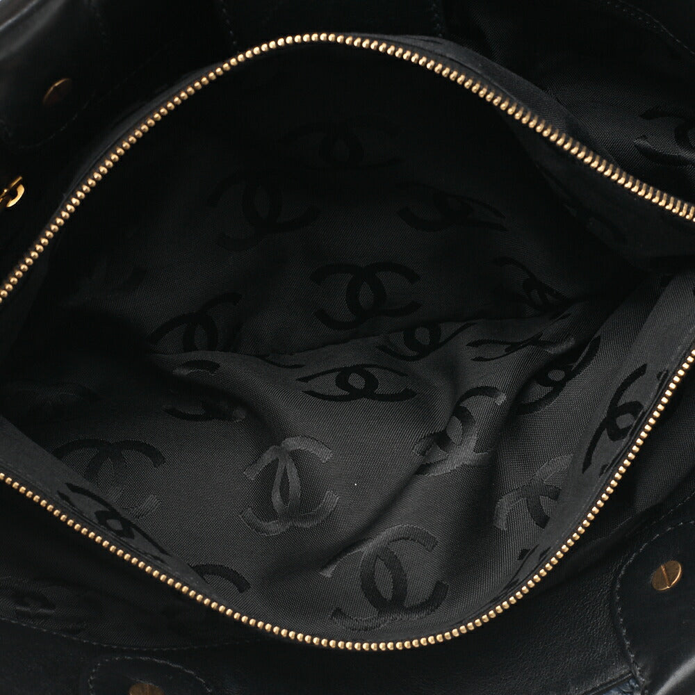 CHANEL Coco Mark Raffia x Leather Chain Tote Bag Turnlock Black Gold-Tone Hardware, Pre-Owned