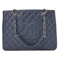 CHANEL Shoulder Bag Tote Bag Matelasse Caviar Skin Cocomark GST Double Chain Tote Navy Silver-Tone Hardware, Pre-Owned