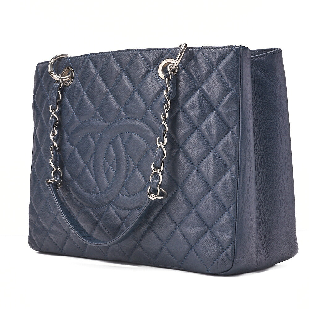 CHANEL Shoulder Bag Tote Bag Matelasse Caviar Skin Cocomark GST Double Chain Tote Navy Silver-Tone Hardware, Pre-Owned