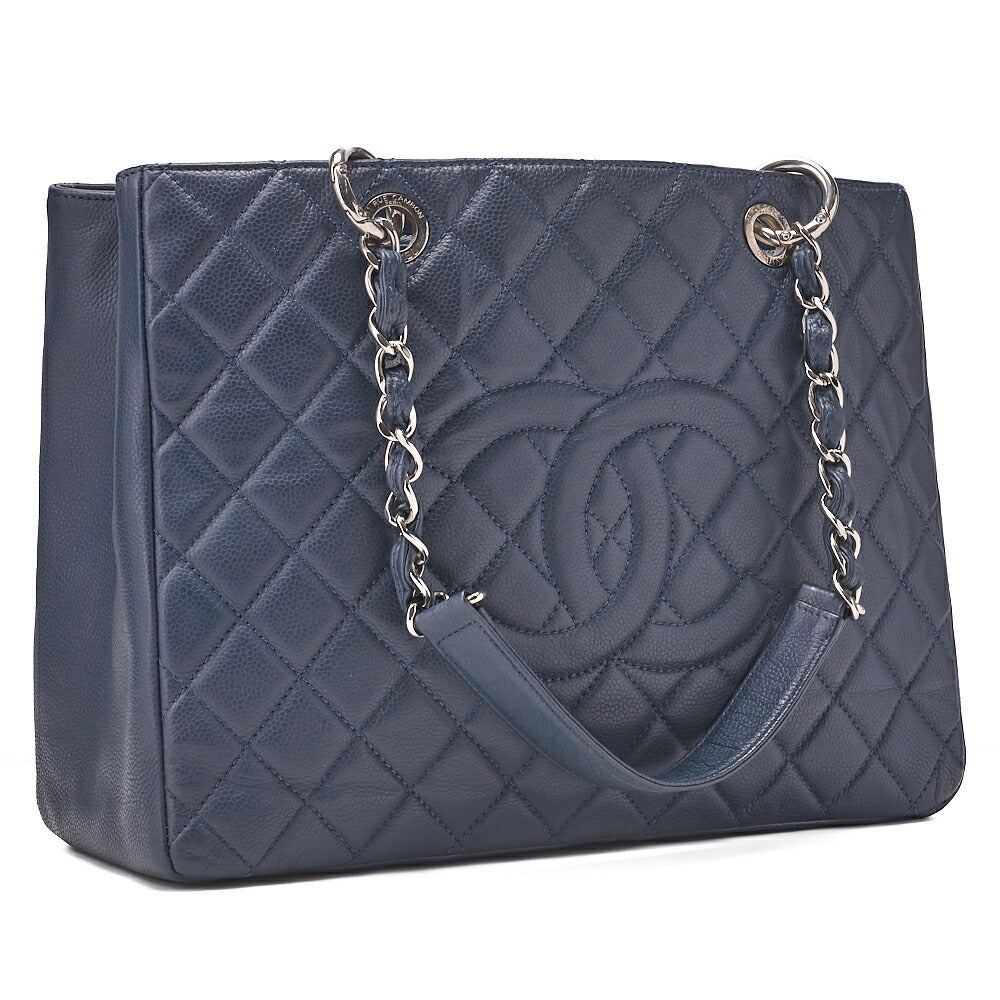 CHANEL Shoulder Bag Tote Bag Matelasse Caviar Skin Cocomark GST Double Chain Tote Navy Silver-Tone Hardware, Pre-Owned