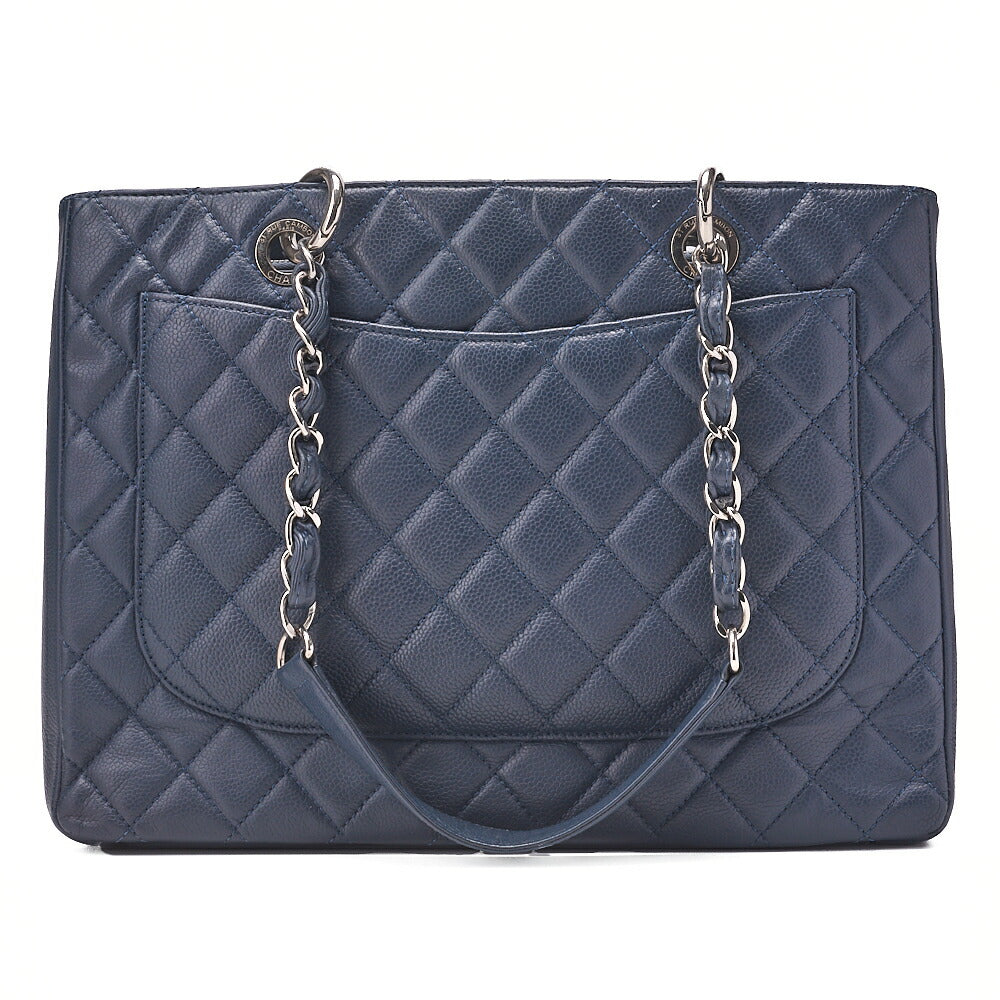 CHANEL Shoulder Bag Tote Bag Matelasse Caviar Skin Cocomark GST Double Chain Tote Navy Silver-Tone Hardware, Pre-Owned