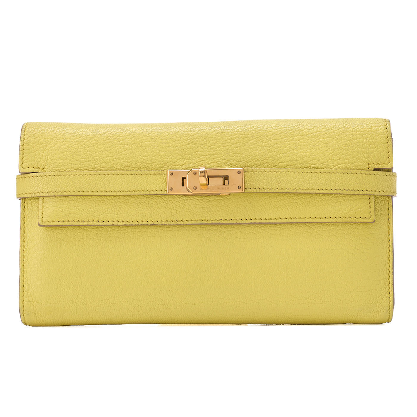 HERMES Kelly Wallet Chevre 2-Fold Long Wallet Yellow Gold-Tone Hardware, Pre-Owned