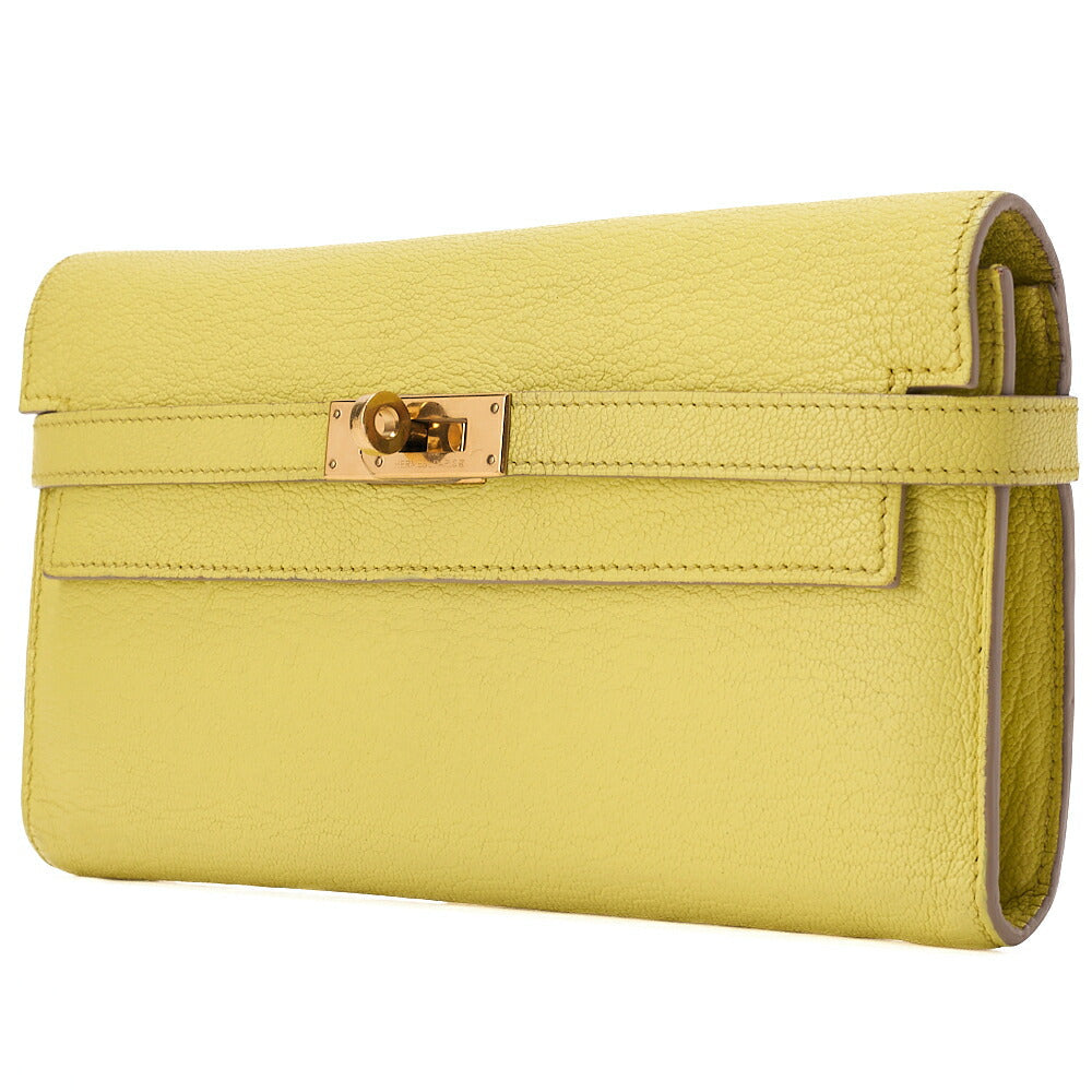 HERMES Kelly Wallet Chevre 2-Fold Long Wallet Yellow Gold-Tone Hardware, Pre-Owned