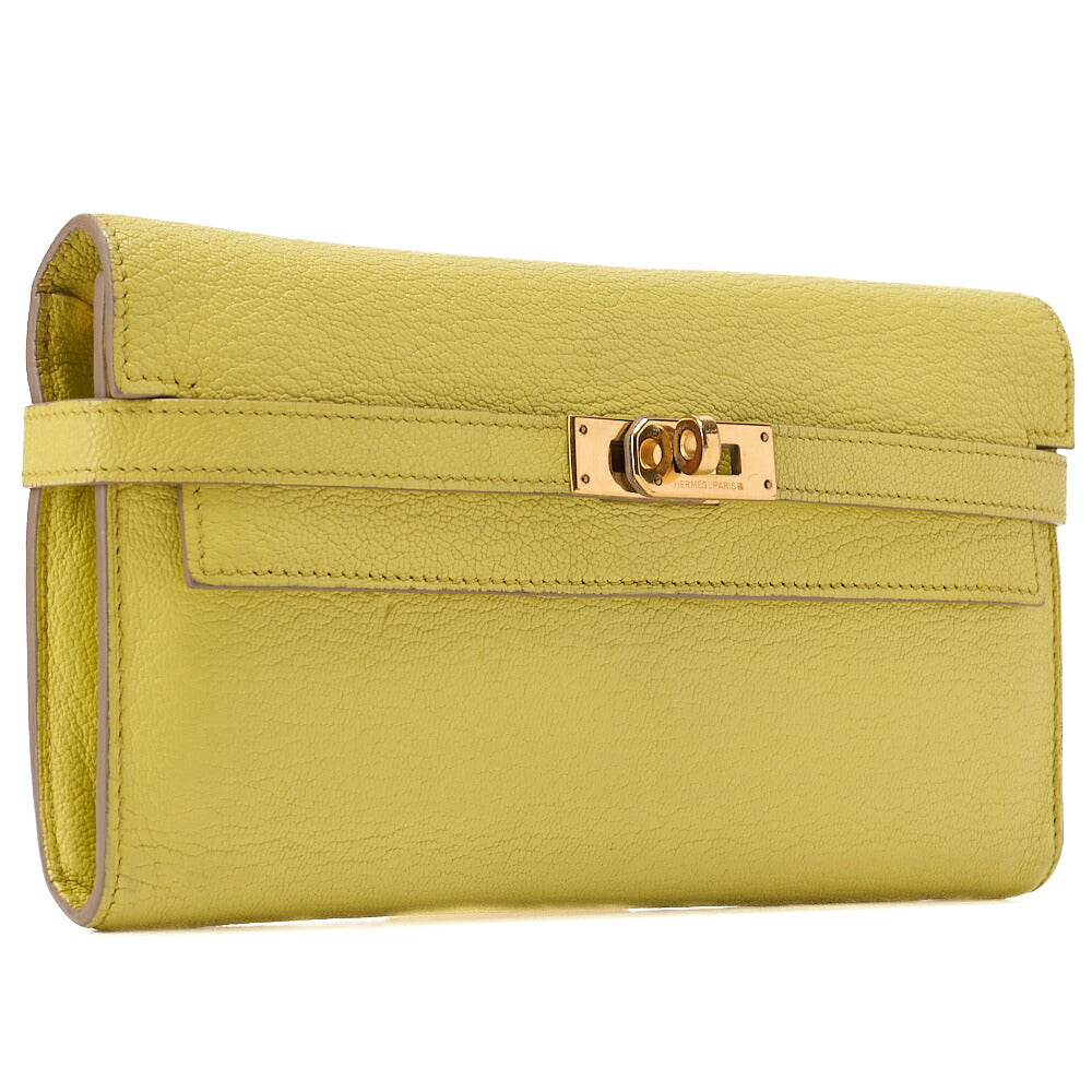 HERMES Kelly Wallet Chevre 2-Fold Long Wallet Yellow Gold-Tone Hardware, Pre-Owned