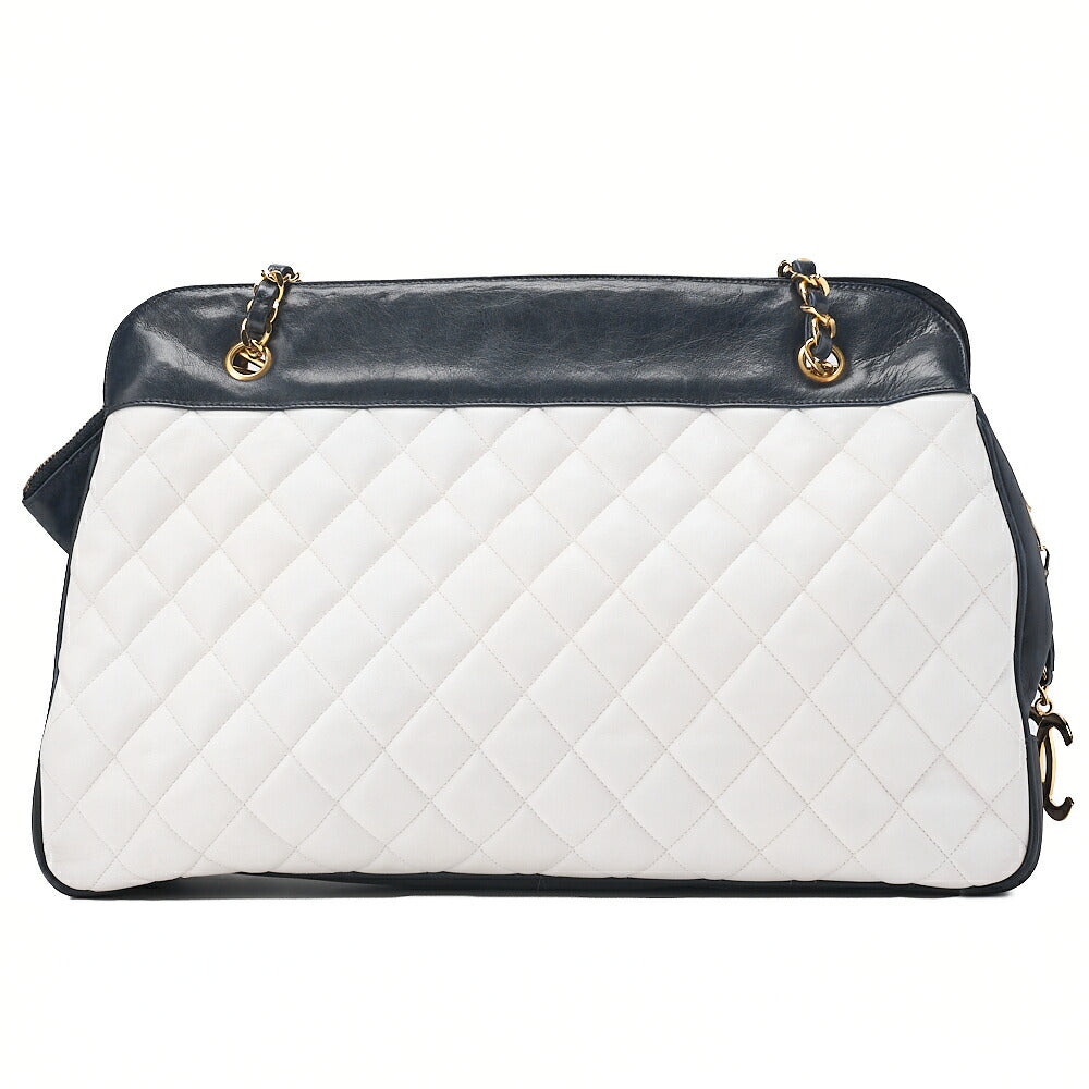 CHANEL Lambskin Matelasse Coco Charm Chain Tote Navy x White Gold-Tone Hardware, Pre-Owned