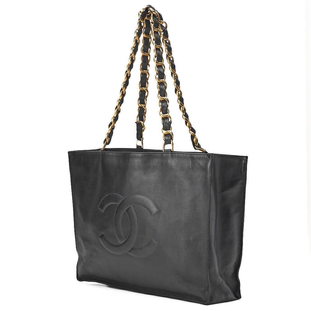 CHANEL Lambskin Big Coco Mark Giant Chain Tote Black Gold-Tone Hardware, Pre-Owned