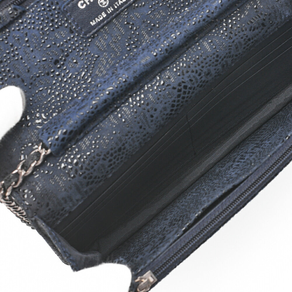CHANEL Lace Ismore Chain Wallet Goat Skin Navy Silver-Tone Hardware, Pre-Owned