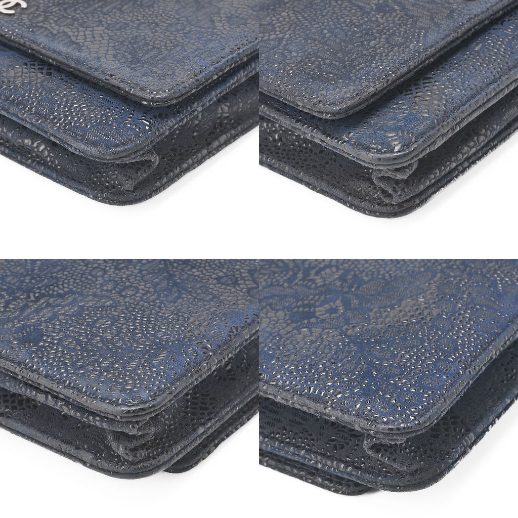 CHANEL Lace Ismore Chain Wallet Goat Skin Navy Silver-Tone Hardware, Pre-Owned