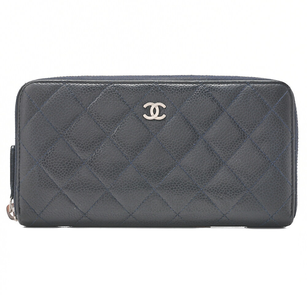 CHANEL Matelasse Round Long Wallet Caviar Skin Navy Silver-Tone Hardware, Pre-Owned