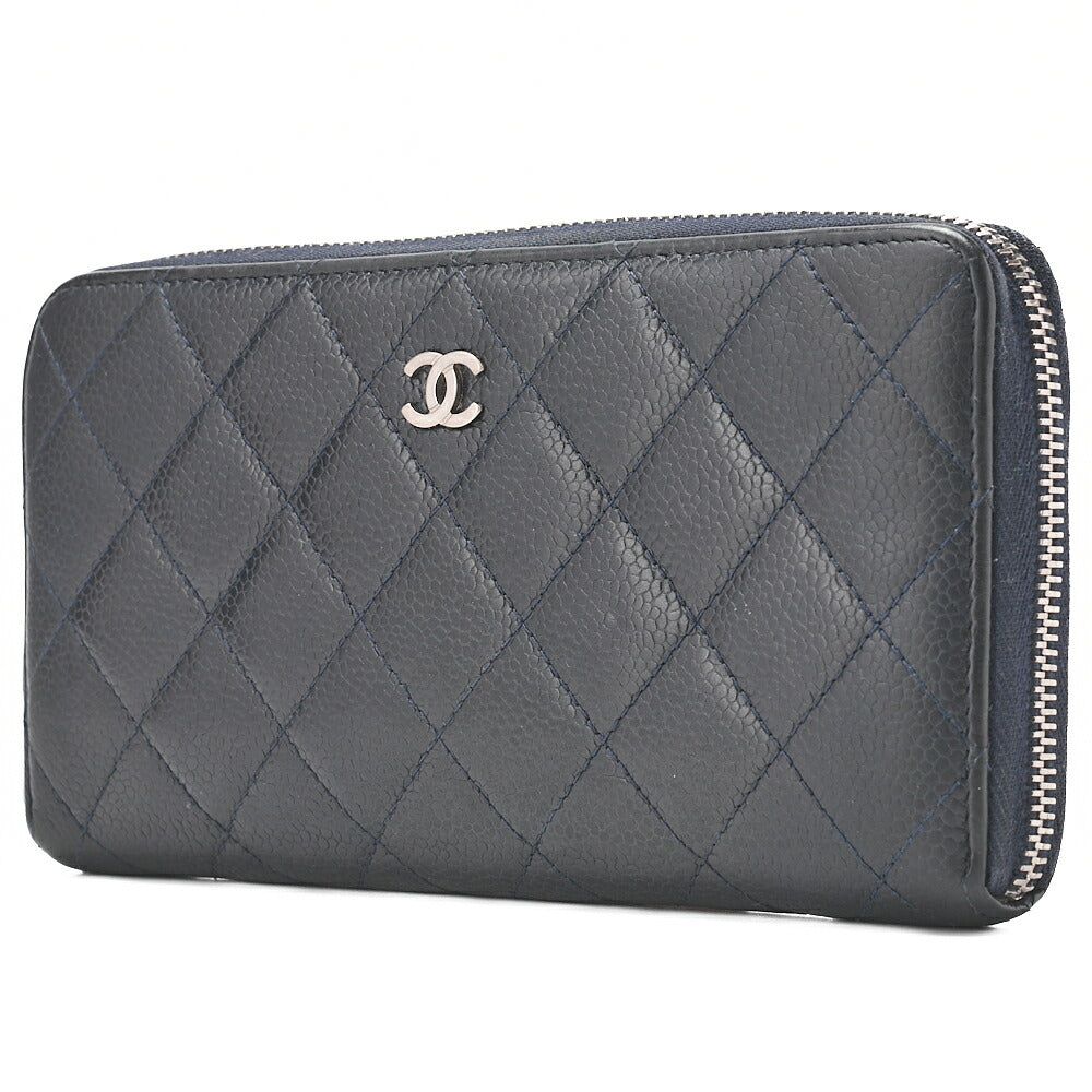 CHANEL Matelasse Round Long Wallet Caviar Skin Navy Silver-Tone Hardware, Pre-Owned