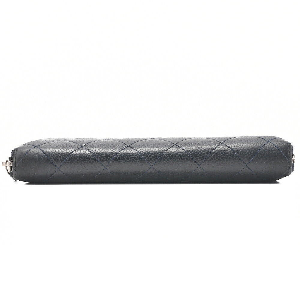 CHANEL Matelasse Round Long Wallet Caviar Skin Navy Silver-Tone Hardware, Pre-Owned