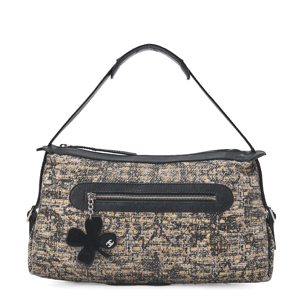 CHANEL Tweed x Leather Clover One Shoulder Bag Black x Multicolor Silver-Tone Hardware, Pre-Owned