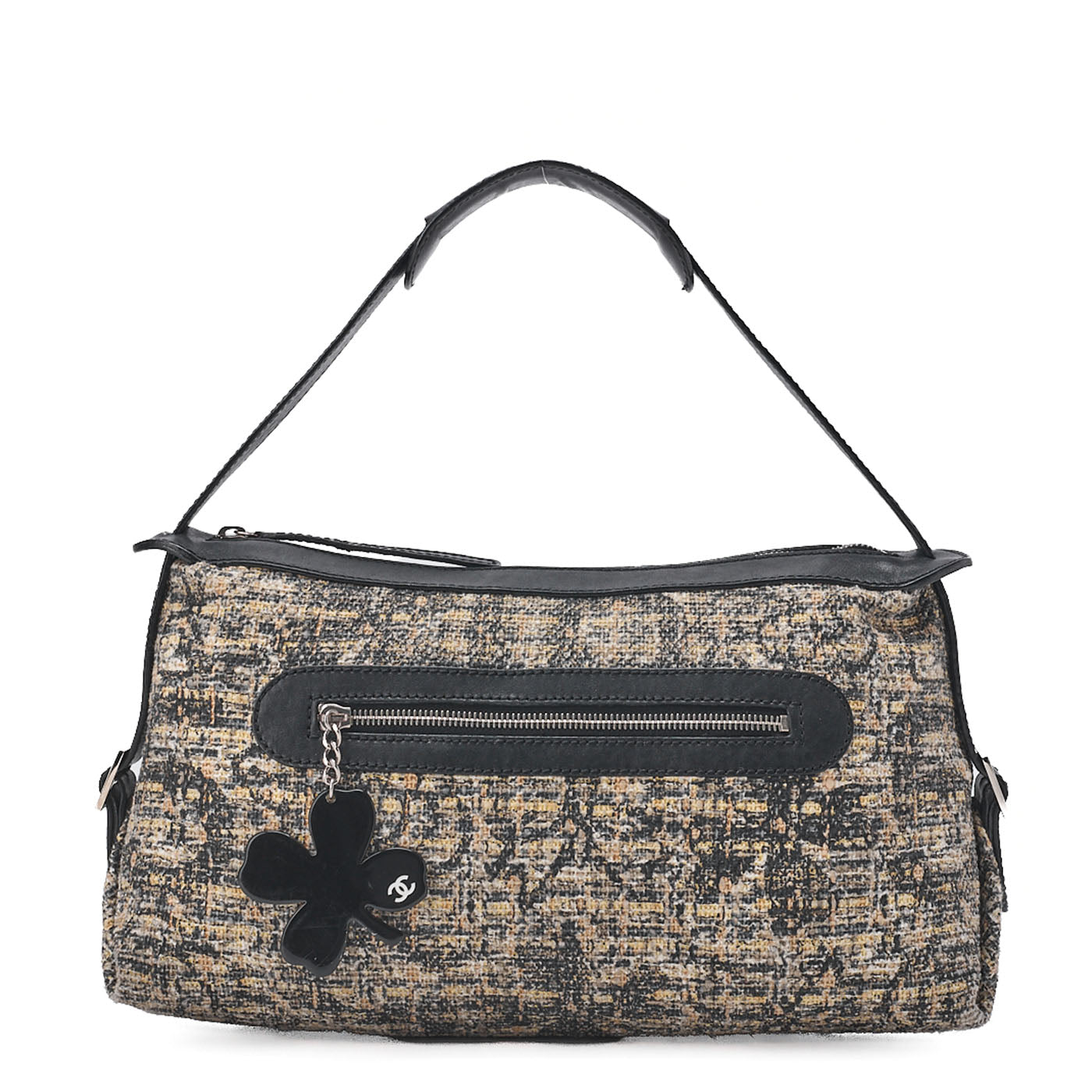 CHANEL Tweed x Leather Clover One Shoulder Bag Black x Multicolor Silver-Tone Hardware, Pre-Owned