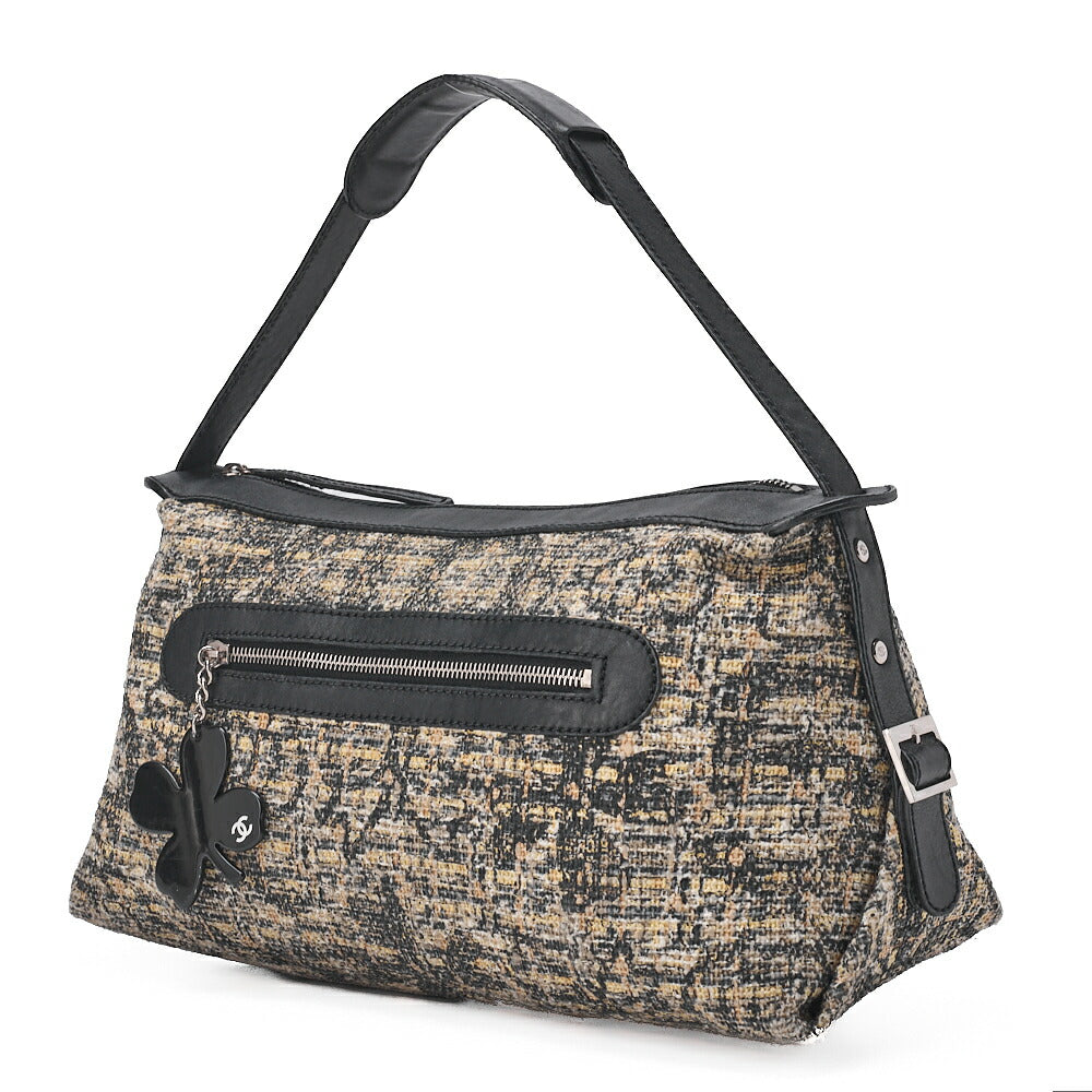 CHANEL Tweed x Leather Clover One Shoulder Bag Black x Multicolor Silver-Tone Hardware, Pre-Owned