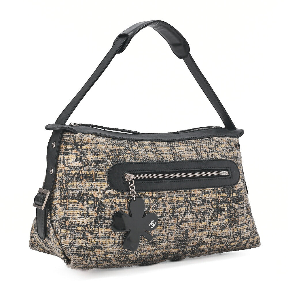 CHANEL Tweed x Leather Clover One Shoulder Bag Black x Multicolor Silver-Tone Hardware, Pre-Owned