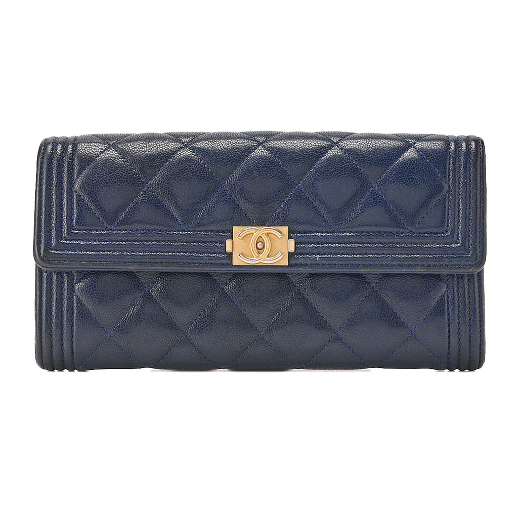 CHANEL Boy Chanel Matelasse Bi-fold Long Wallet Caviar Skin Navy Gold-Tone Hardware, Pre-Owned