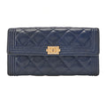 CHANEL Boy Chanel Matelasse Bi-fold Long Wallet Caviar Skin Navy Gold-Tone Hardware, Pre-Owned