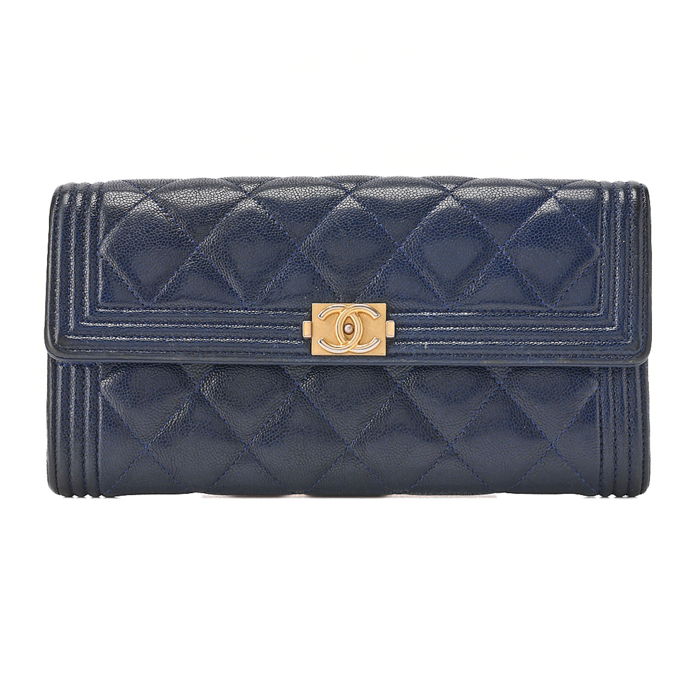 CHANEL Boy Chanel Matelasse Bi-fold Long Wallet Caviar Skin Navy Gold-Tone Hardware, Pre-Owned