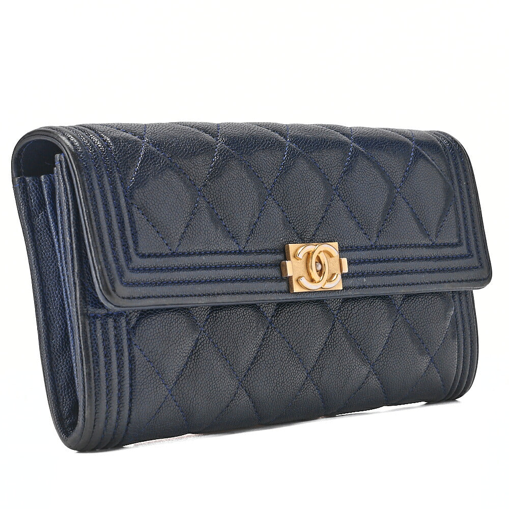 CHANEL Boy Chanel Matelasse Bi-fold Long Wallet Caviar Skin Navy Gold-Tone Hardware, Pre-Owned