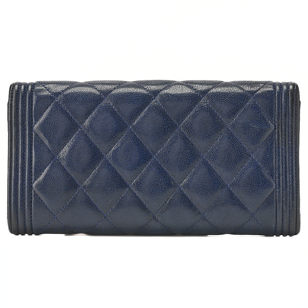 CHANEL Boy Chanel Matelasse Bi-fold Long Wallet Caviar Skin Navy Gold-Tone Hardware, Pre-Owned