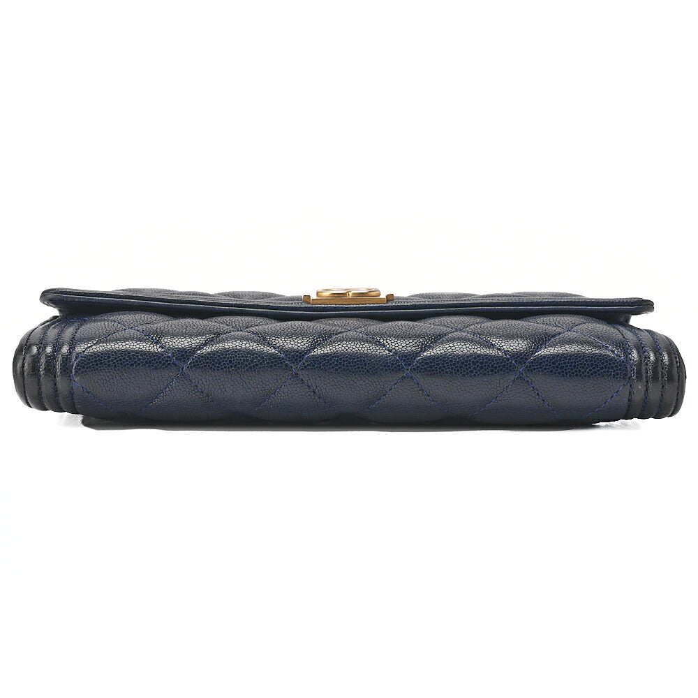 CHANEL Boy Chanel Matelasse Bi-fold Long Wallet Caviar Skin Navy Gold-Tone Hardware, Pre-Owned