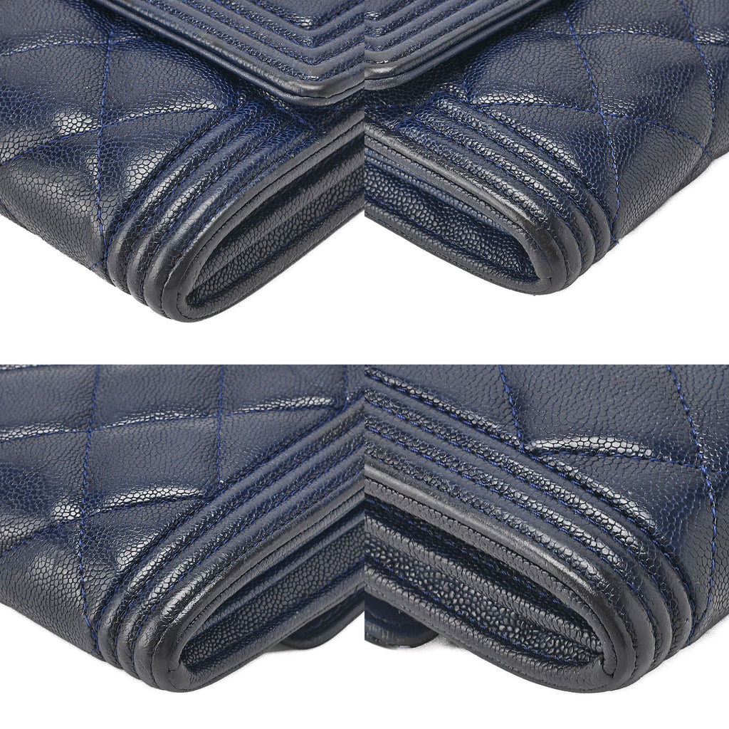 CHANEL Boy Chanel Matelasse Bi-fold Long Wallet Caviar Skin Navy Gold-Tone Hardware, Pre-Owned