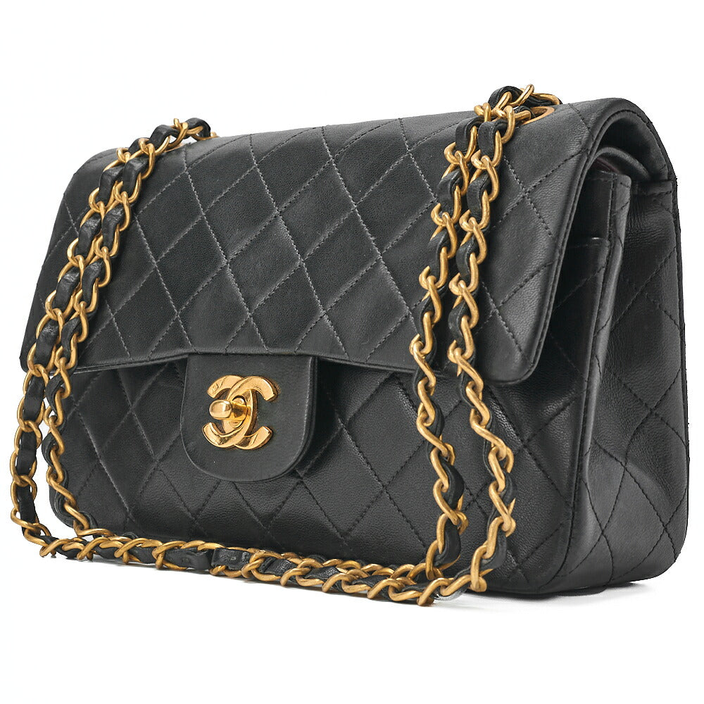 CHANEL Matelasse Double Flap 23cm Chain Shoulder Lambskin Black Gold-Tone Hardware, Pre-Owned