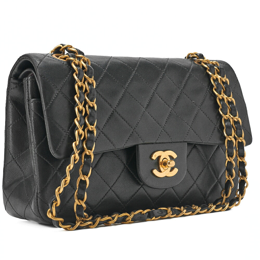 CHANEL Matelasse Double Flap 23cm Chain Shoulder Lambskin Black Gold-Tone Hardware, Pre-Owned