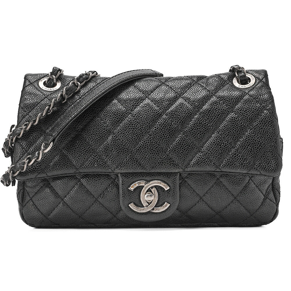 CHANEL Caviar Skin Matelasse 25cm Single Flap Chain Shoulder Black Silver-Tone Hardware, Pre-Owned