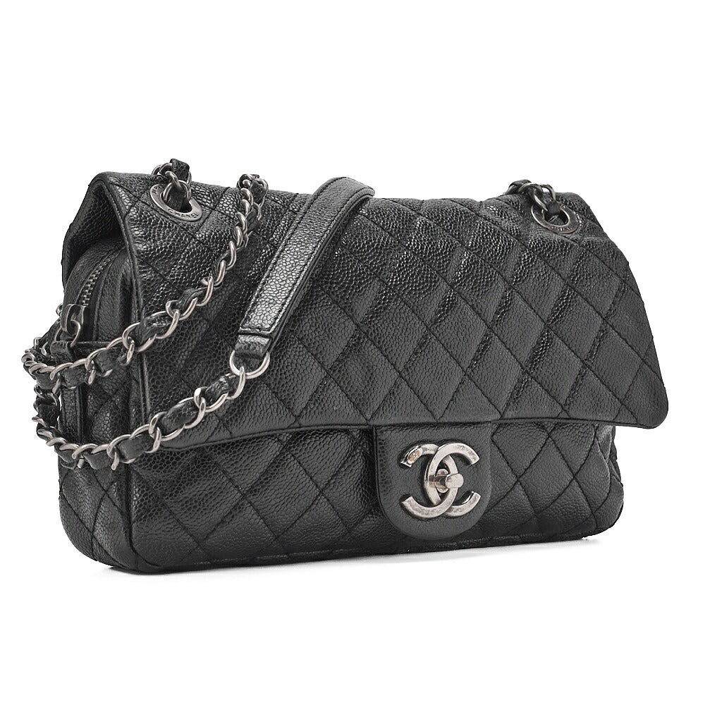 CHANEL Caviar Skin Matelasse 25cm Single Flap Chain Shoulder Black Silver-Tone Hardware, Pre-Owned