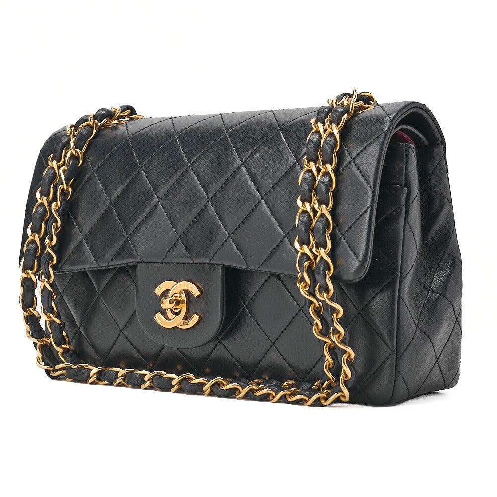 CHANEL Matelasse Double Flap 23cm Chain Shoulder Lambskin Black Gold-Tone Hardware, Pre-Owned