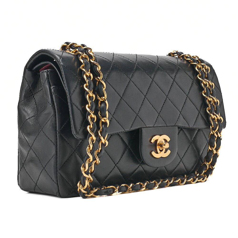 CHANEL Matelasse Double Flap 23cm Chain Shoulder Lambskin Black Gold-Tone Hardware, Pre-Owned