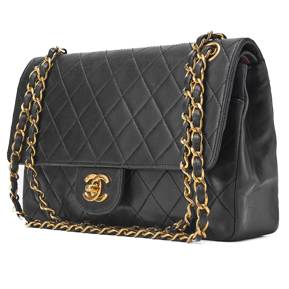 CHANEL Lambskin Matelasse W Straight Flap 25cm Chain Shoulder Black Gold-Tone Hardware, Pre-Owned