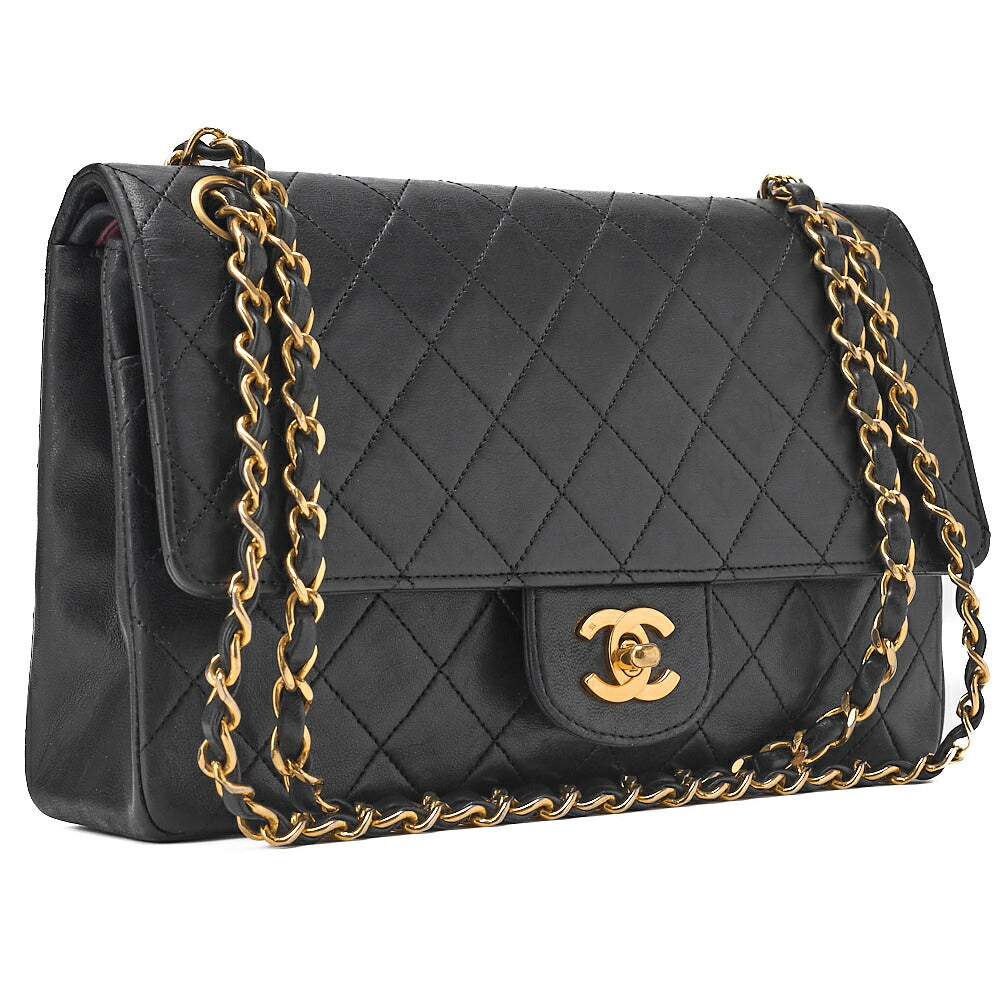 CHANEL Lambskin Matelasse W Straight Flap 25cm Chain Shoulder Black Gold-Tone Hardware, Pre-Owned