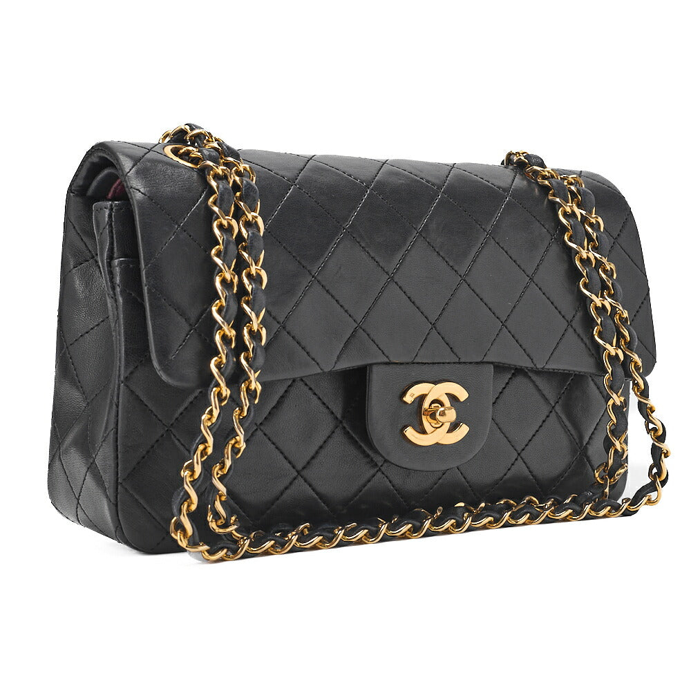 CHANEL Matelasse Double Flap 23cm Chain Shoulder Lambskin Black Gold-Tone Hardware, Pre-Owned