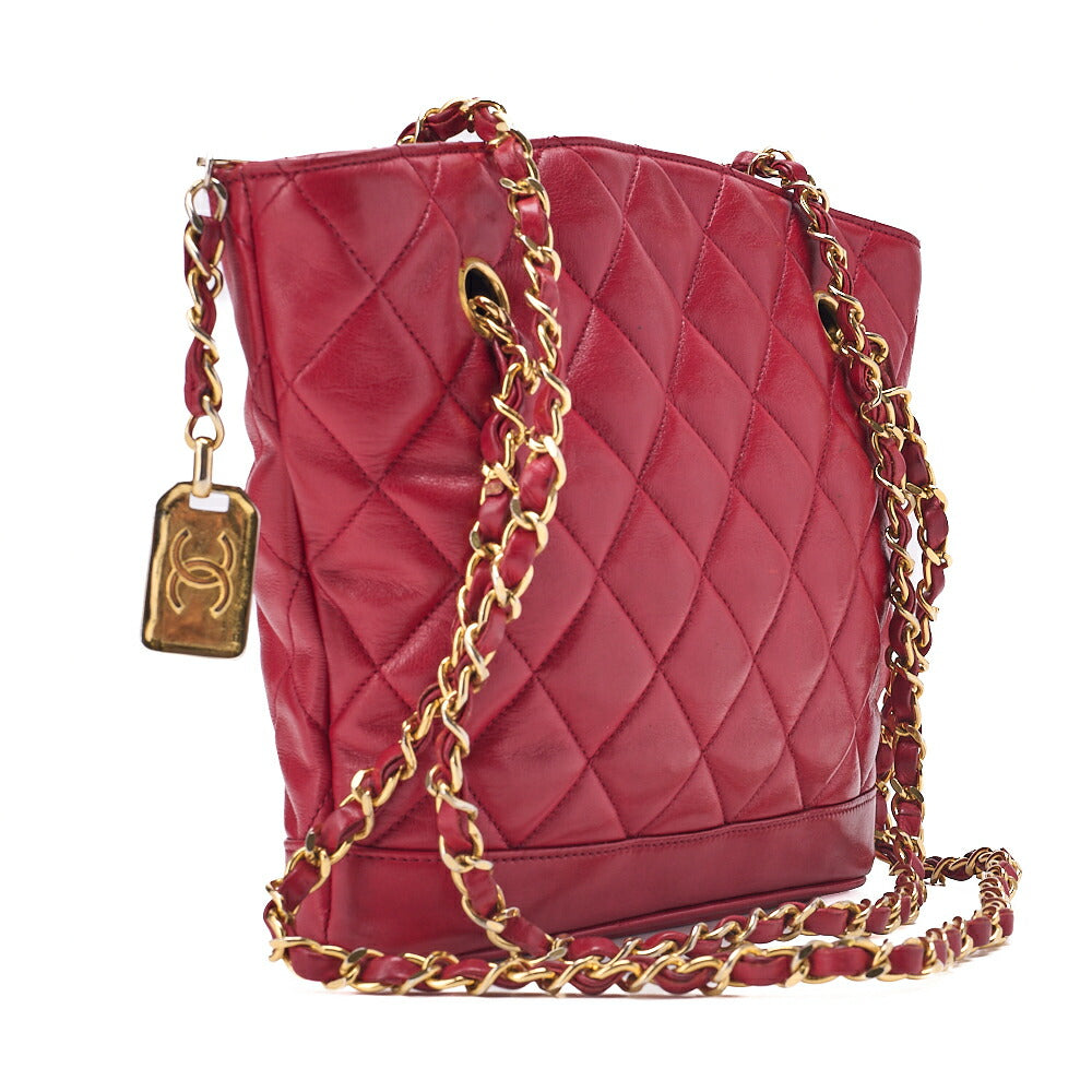 CHANEL Shoulder Bag Tote Bag Matelasse Plate Charm Fan Shaped Chain Shoulder Lambskin Red Gold-Tone Hardware, Pre-Owned