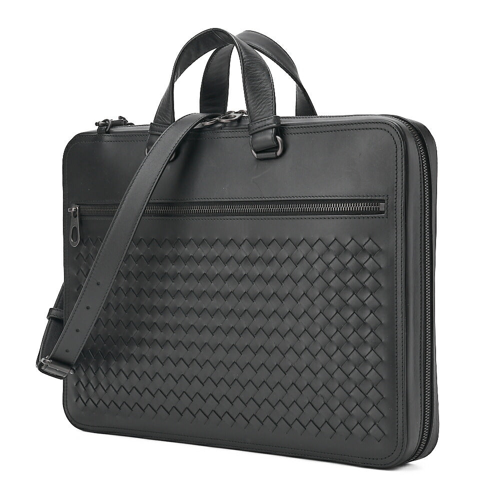 BOTTEGA VENETA Bottega Lambskin Intrecciato Business 2-Way Handbag Black Black-Tone Hardware, Pre-Owned