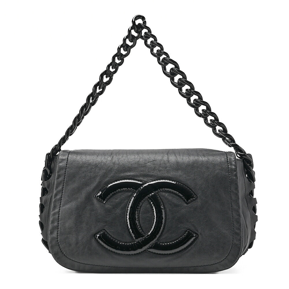 CHANEL Tote Bag Lambskin X Enamel Coco Mark Plastic Chain Shoulder Black Silver-Tone Hardware, Pre-Owned