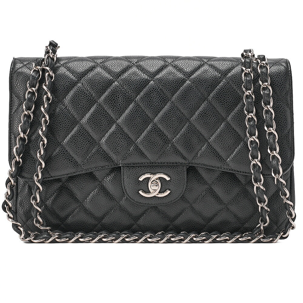 CHANEL Caviar Skin Deca Matelasse 30cm Double Flap Chain Shoulder Bag Black (Silver-Tone Hardware, Pre-Owned