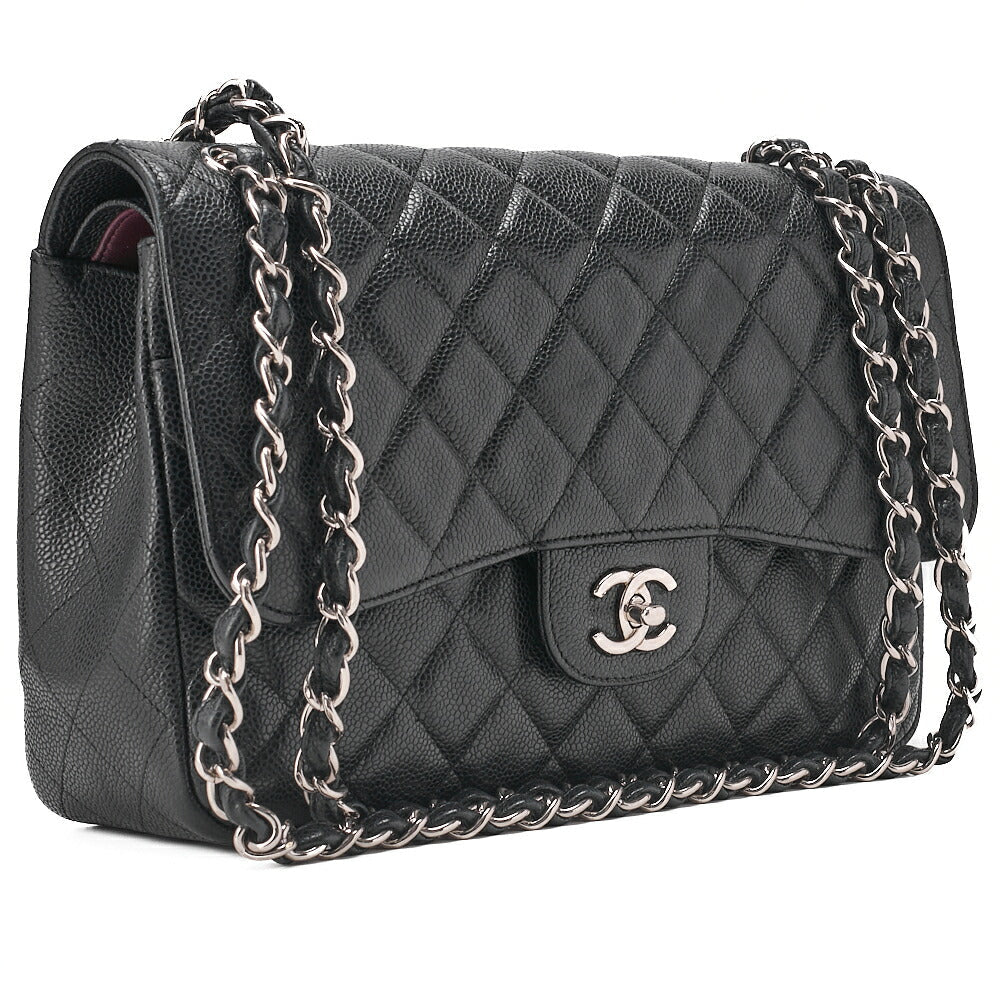 CHANEL Caviar Skin Deca Matelasse 30cm Double Flap Chain Shoulder Bag Black (Silver-Tone Hardware, Pre-Owned