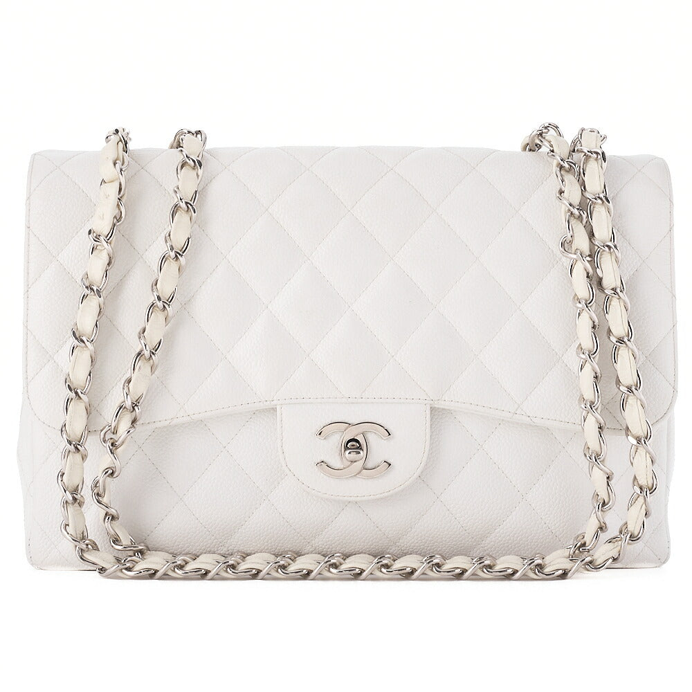 CHANEL Caviar Skin Deca Matelasse 30cm Single Flap Chain Shoulder Bag White Silver-Tone Hardware, Pre-Owned