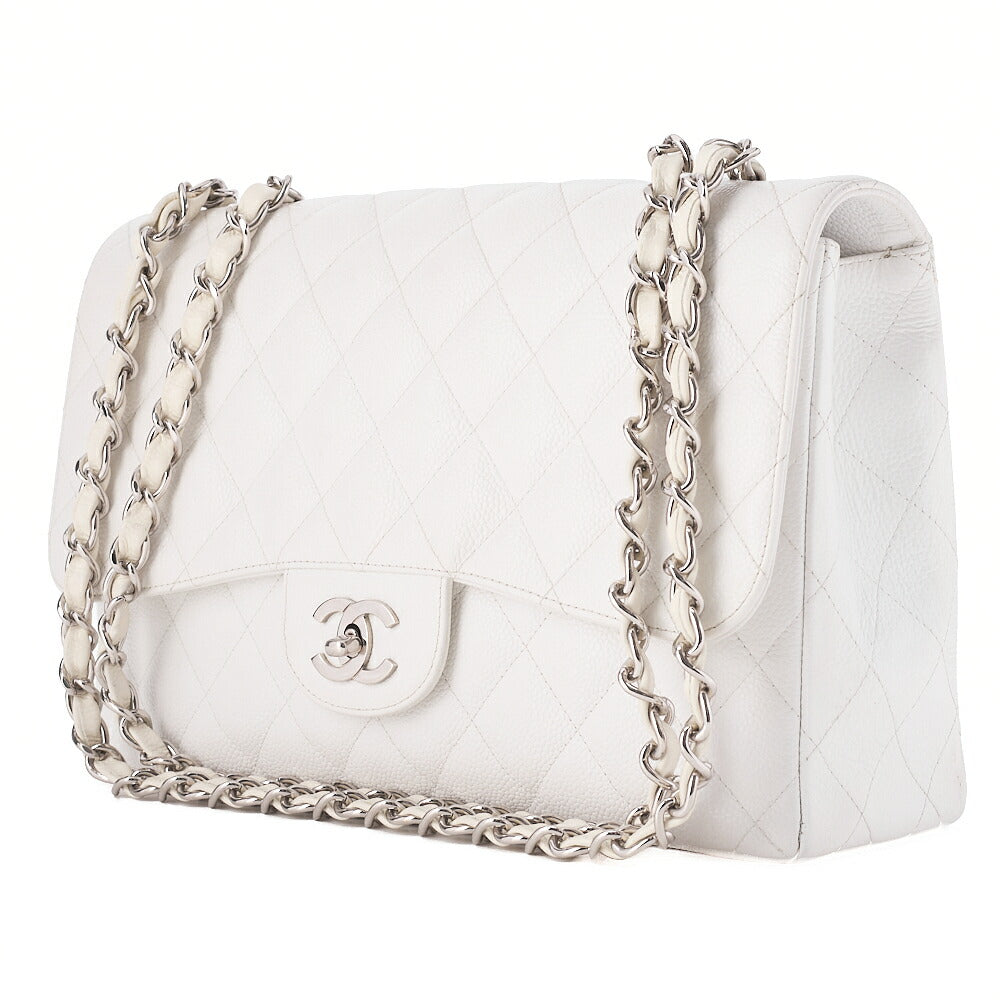 CHANEL Caviar Skin Deca Matelasse 30cm Single Flap Chain Shoulder Bag White Silver-Tone Hardware, Pre-Owned