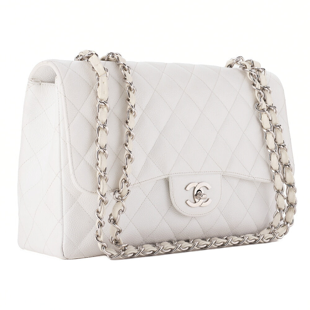 CHANEL Caviar Skin Deca Matelasse 30cm Single Flap Chain Shoulder Bag White Silver-Tone Hardware, Pre-Owned