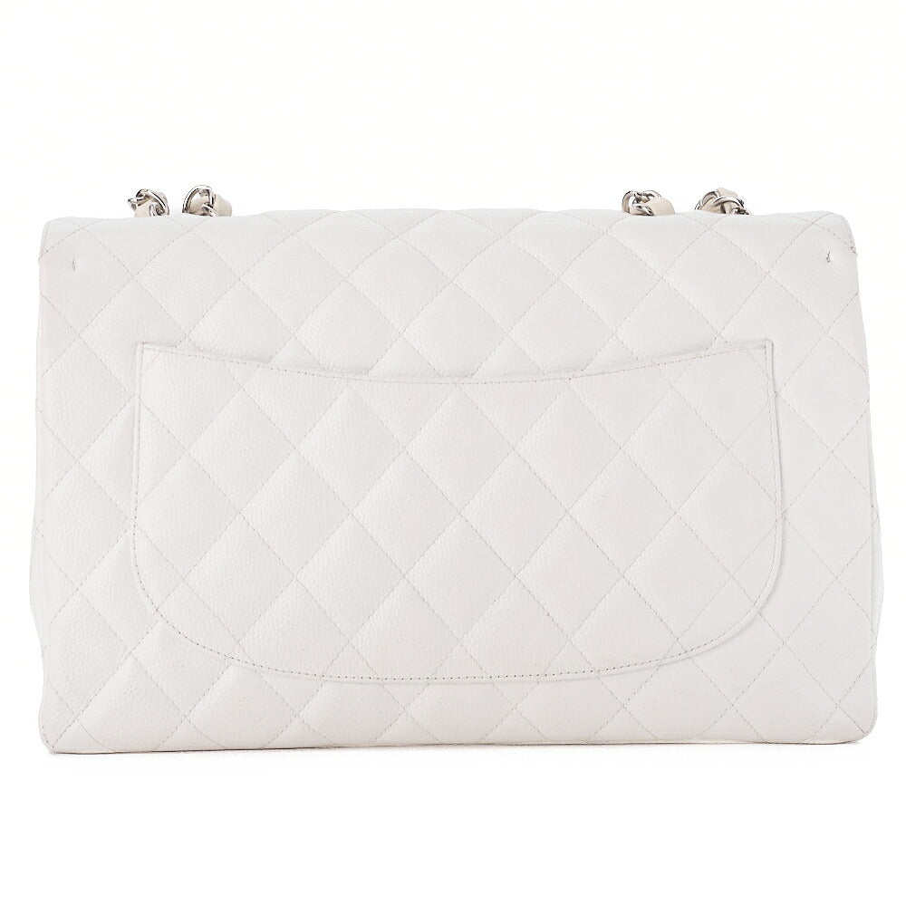 CHANEL Caviar Skin Deca Matelasse 30cm Single Flap Chain Shoulder Bag White Silver-Tone Hardware, Pre-Owned