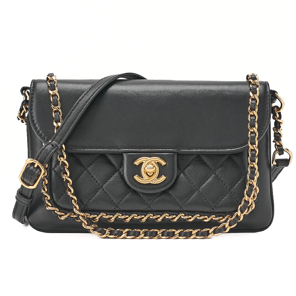 CHANEL Lambskin Turnlock Luxury Line Chain Shoulder Black Gold-Tone Hardware, Pre-Owned