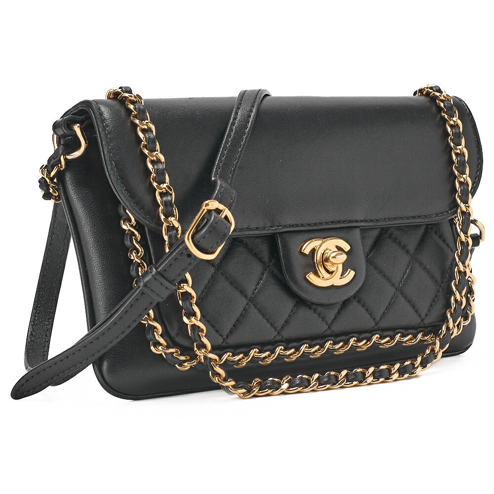 CHANEL Lambskin Turnlock Luxury Line Chain Shoulder Black Gold-Tone Hardware, Pre-Owned