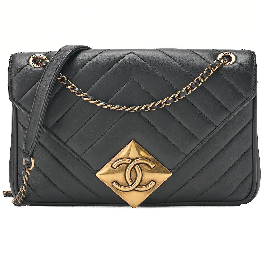 CHANEL Lambskin V-Stitch Chevron Diamond Coco Mark Chain Shoulder Black Gold-Tone Hardware, Pre-Owned
