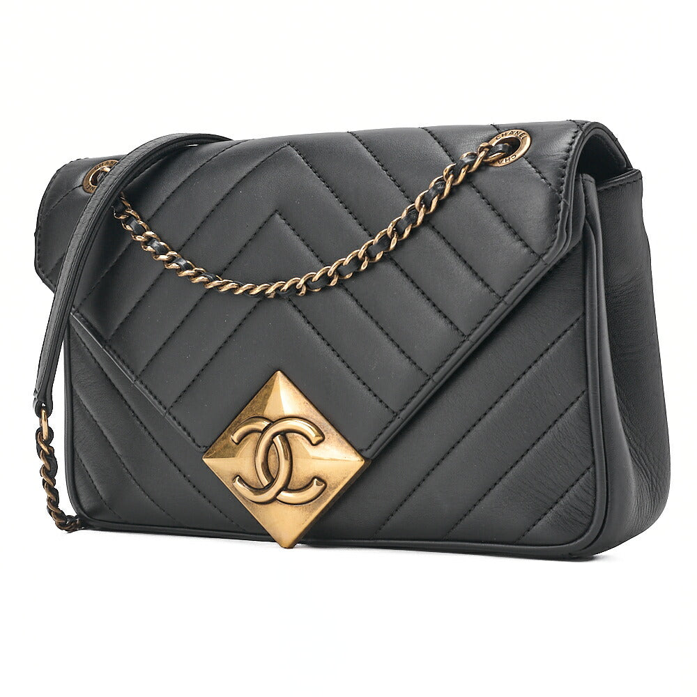 CHANEL Lambskin V-Stitch Chevron Diamond Coco Mark Chain Shoulder Black Gold-Tone Hardware, Pre-Owned