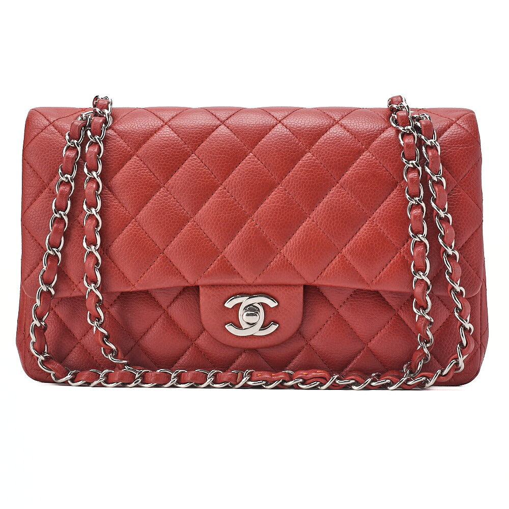 CHANEL Caviar Skin Matelasse Double Flap Chain Shoulder Red Silver-Tone Hardware, Pre-Owned